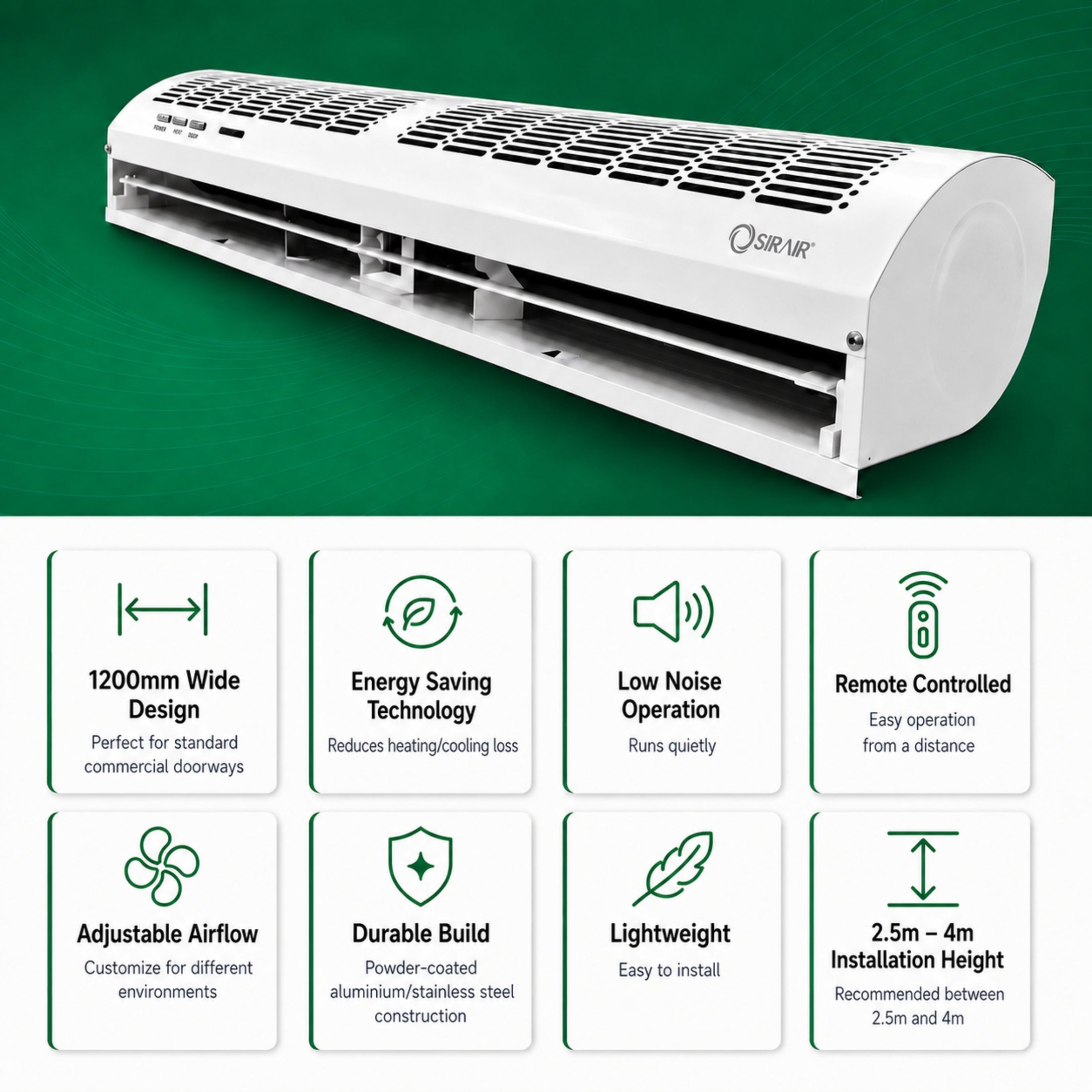 Air Curtain 1200mm with Remote – Energy-Saving Door Air Barrier – Sirair