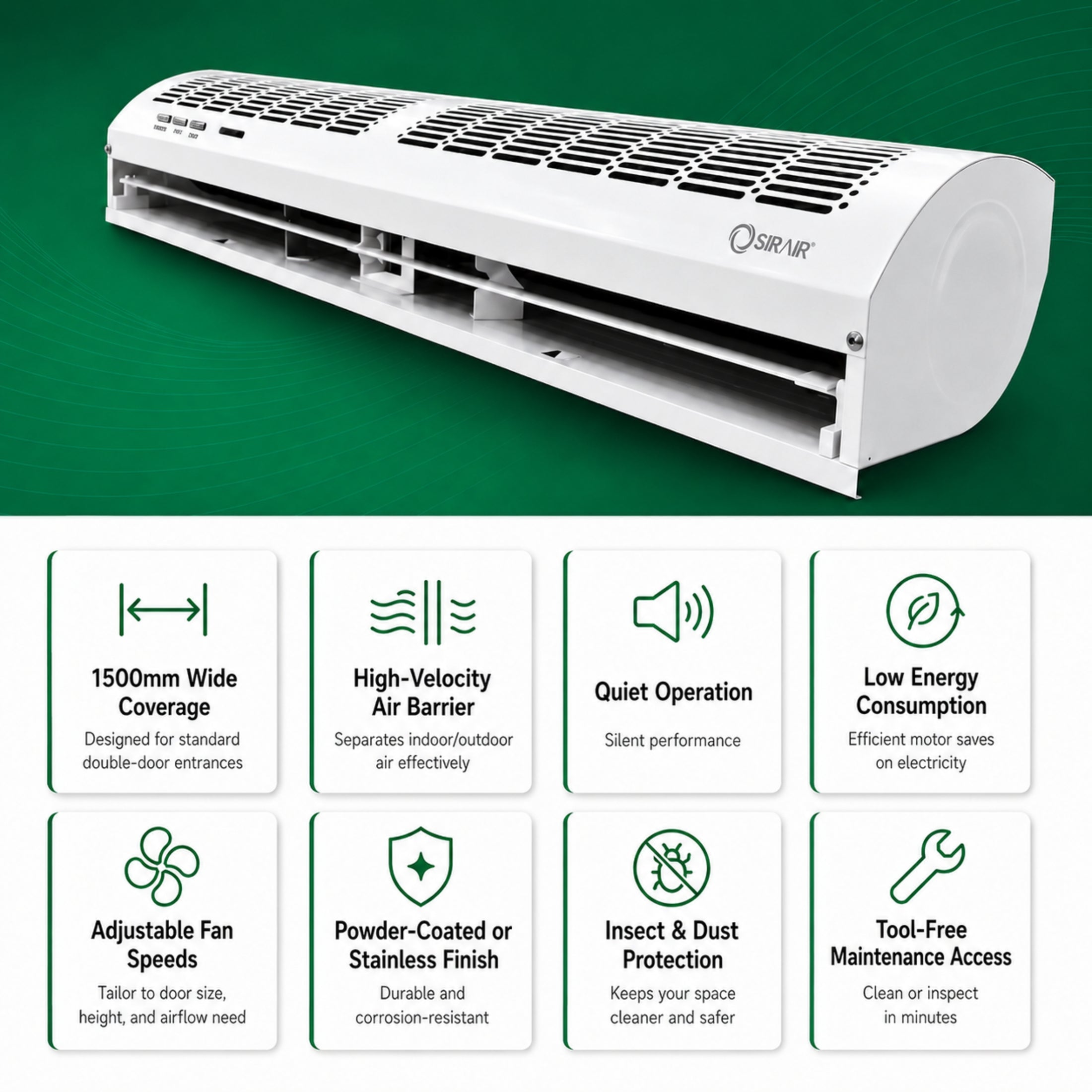 Air Curtain 1500mm with Remote – Energy-Saving Door Air Barrier – Sirair