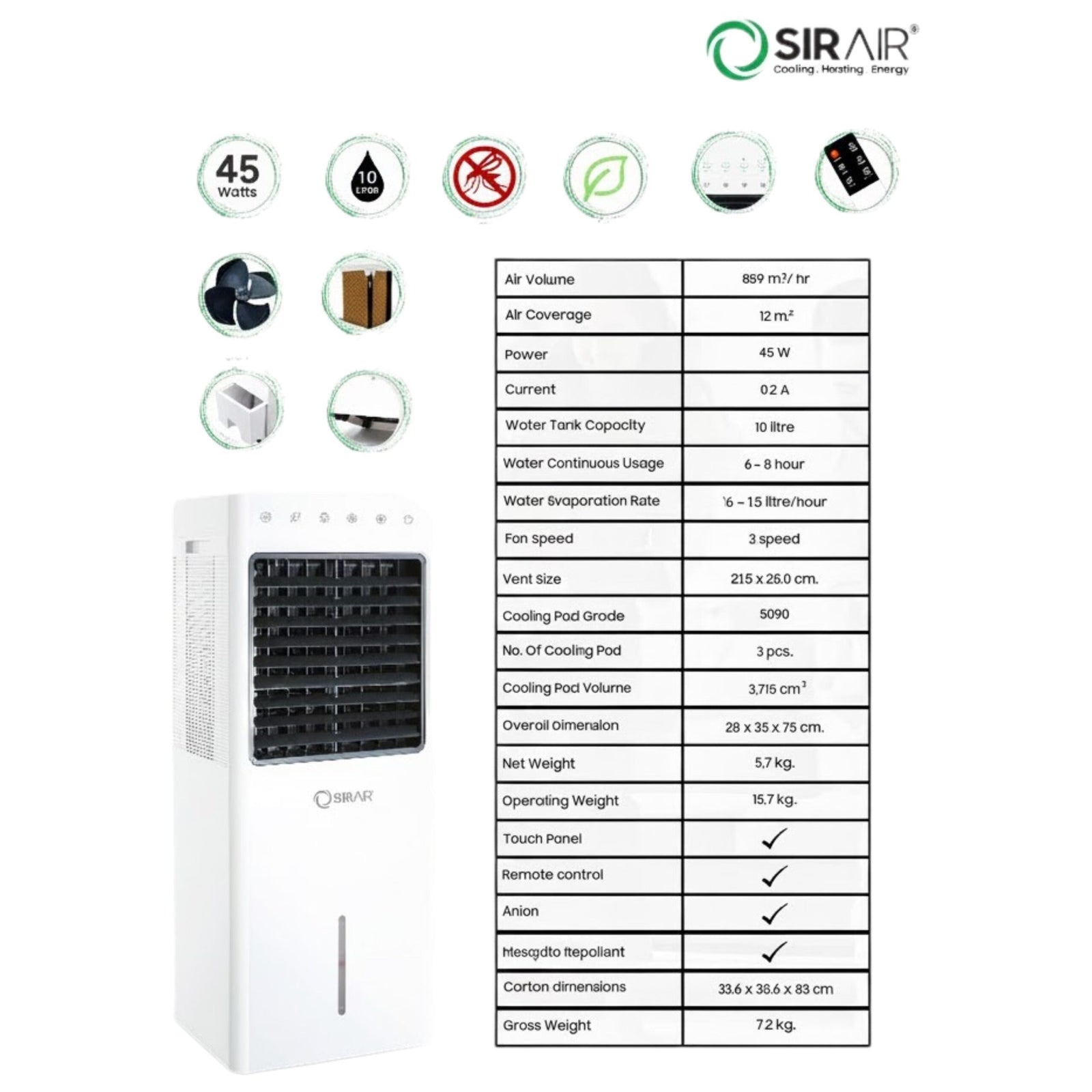 10L Portable Aircooler – Touch Panel & Remote Control | Sirair (view 3)