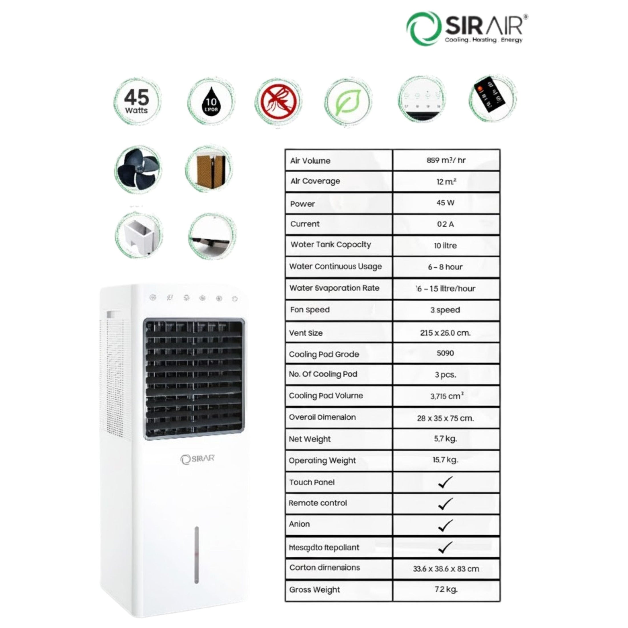 10L Portable Aircooler – Touch Panel & Remote Control | Sirair (view 3)