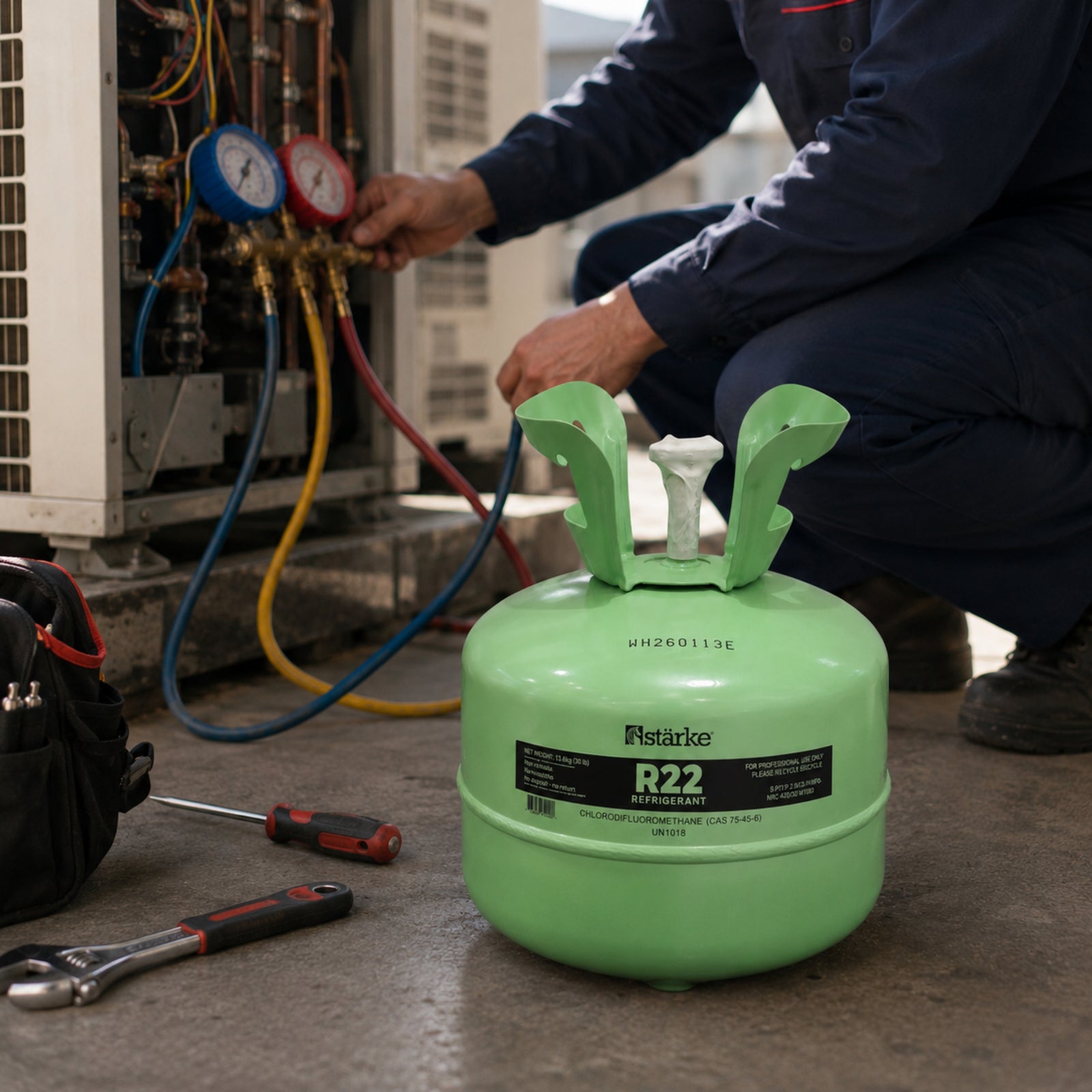 Technician servicing an air conditioner with Starke R22 refrigerant