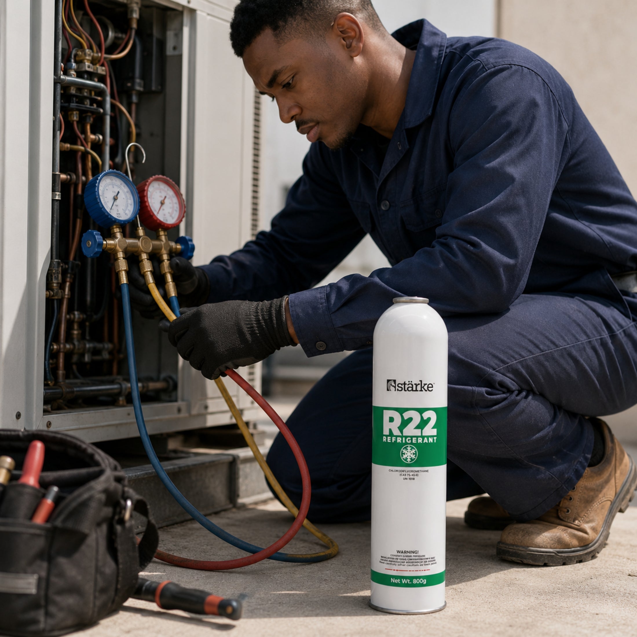 Technician topping up an air conditioner with a Starke R22 800g can
