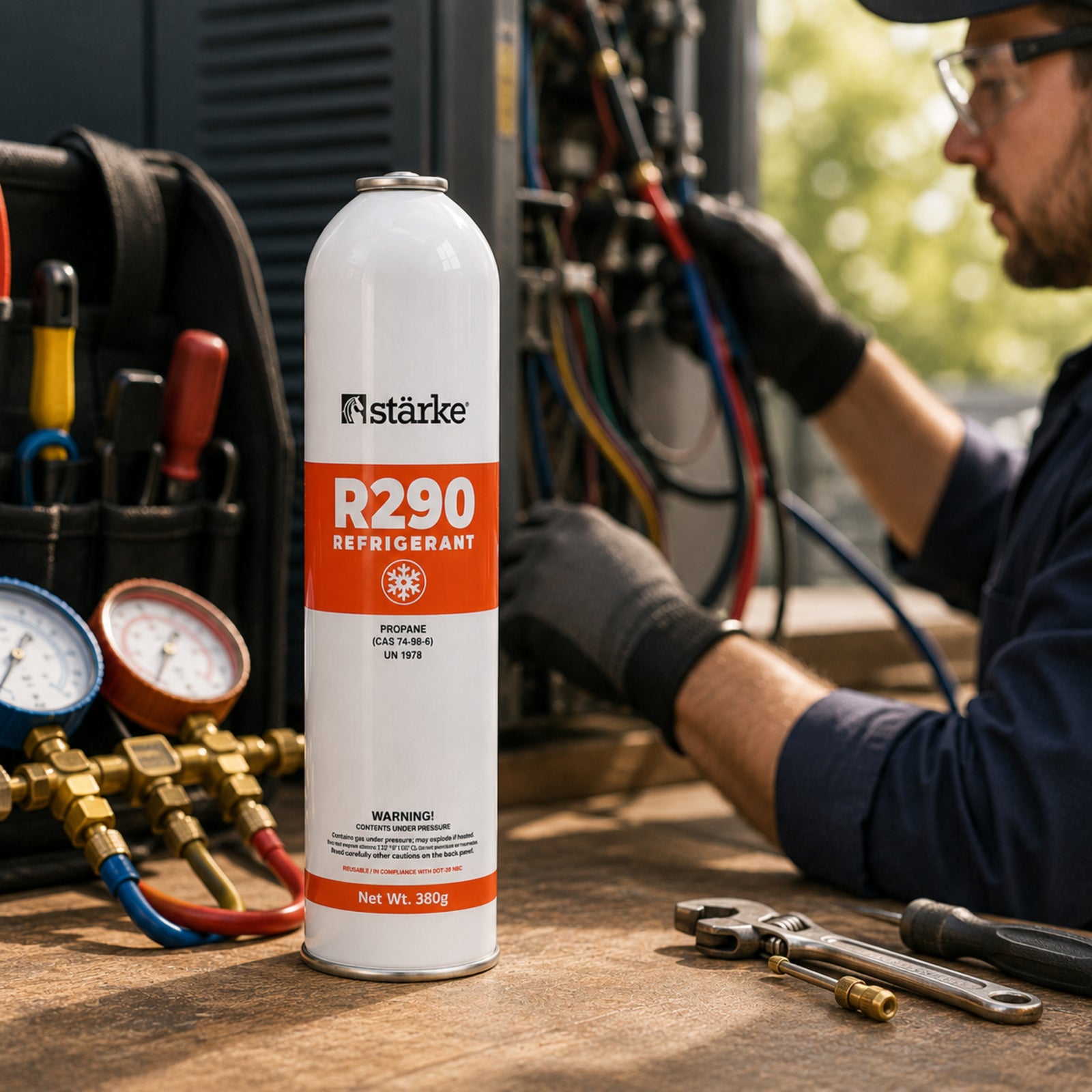 Technician servicing a fridge with Starke R290 refrigerant