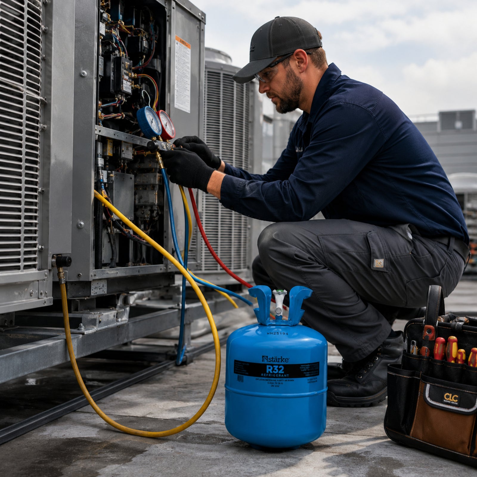 Technician servicing an inverter air conditioner with Starke R32 refrigerant