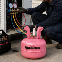 Technician servicing an air conditioner with Starke R410a refrigerant