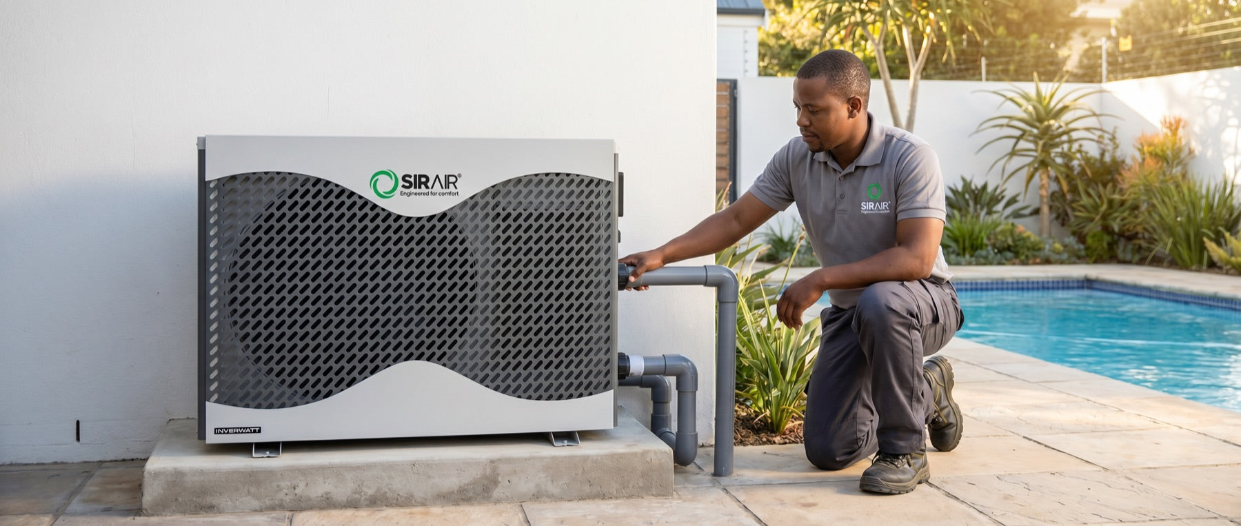 Sirair technician installing a pool heat pump beside a pool