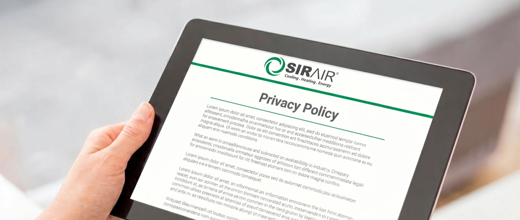 Hand holding a tablet showing the Sirair Privacy Policy