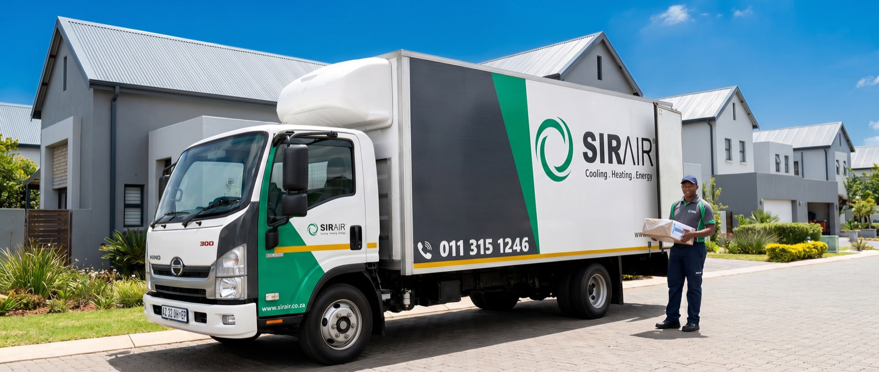 Sirair courier carrying a parcel from his delivery van