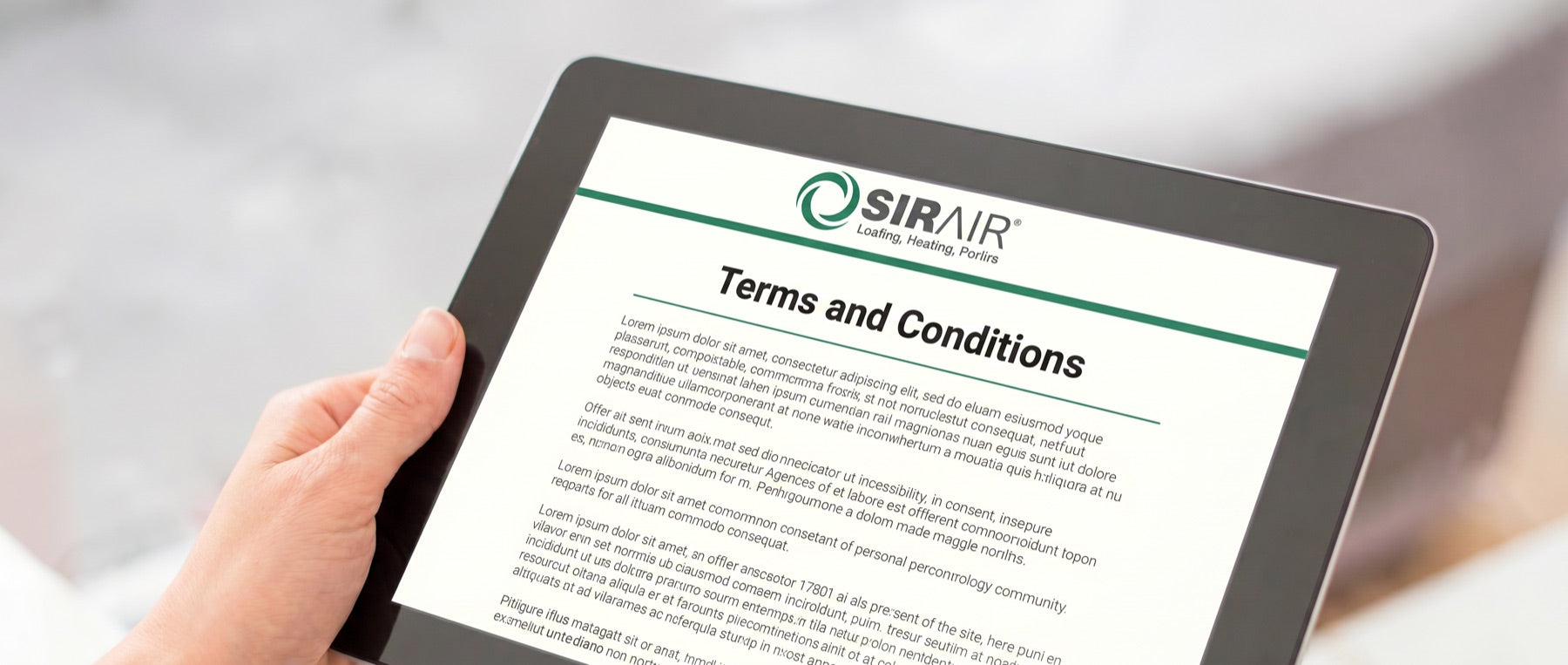 Hand holding a tablet showing the Sirair Terms and Conditions